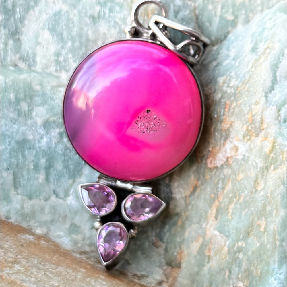 💕 Vintage Sterling Silver Pink Druzy Agate & Rose Quartz Pendant